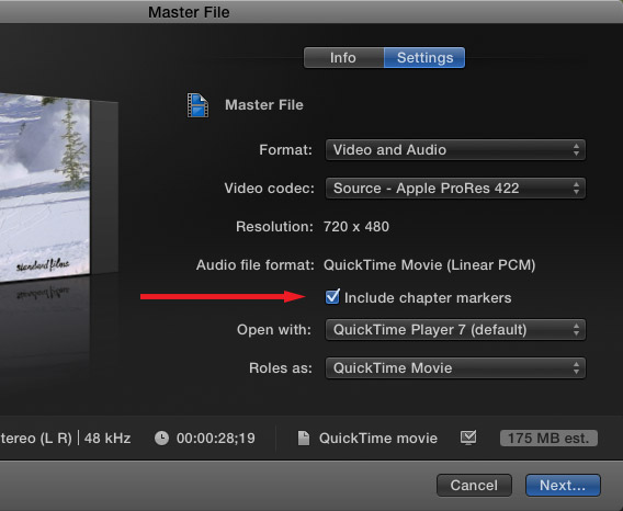 Include chapter markers when you export your project in Final Cut Pro X 10.0.6